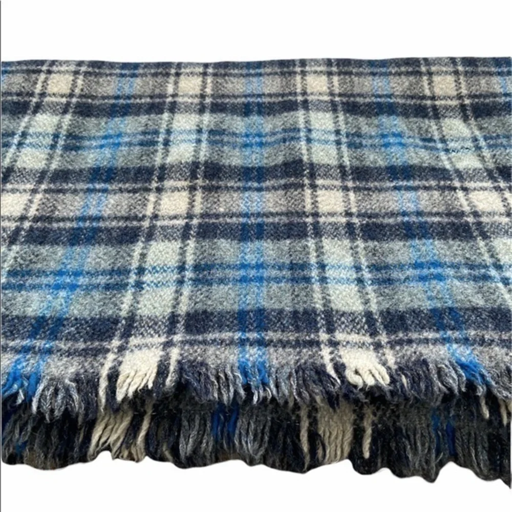 Ballantyne‎ Pure Wool Blue Plaid Checkered Fringe Vintage Throw Blanket